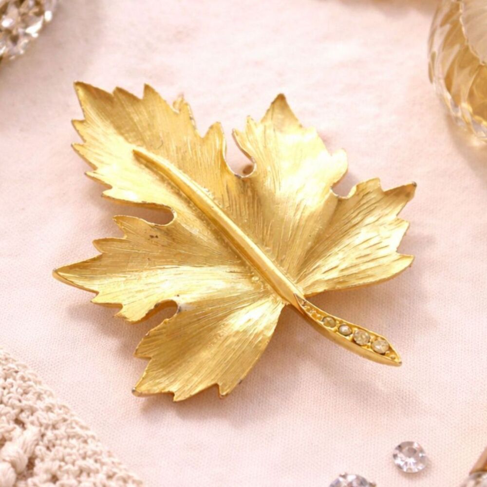 Vintage Gold Tone Rhinestone Accented Maple Leaf Brooch